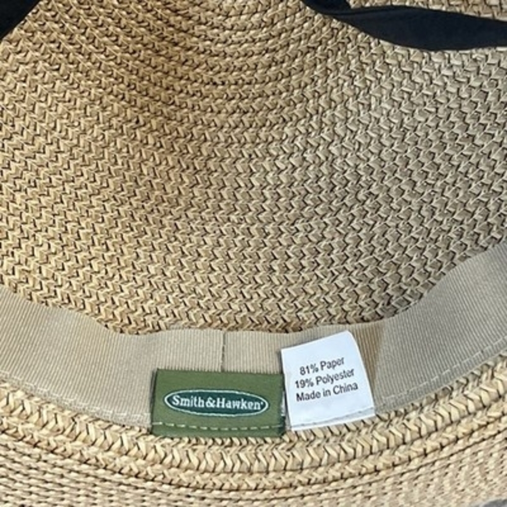 Smith & Hawken Wide Brim Straw Sun Hat Black Ribbon Chin Cord Natural Tan VG - Picture 9 of 10